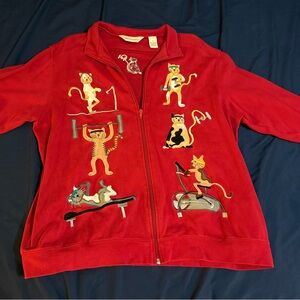 Bechamel Vintage Style Red Cat Workout Embroidered Zip Jacket Womens L